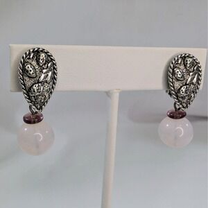 Vintage Clip On Earrings Antique Silver Leaf Opalescent Glass Bead 1.25"